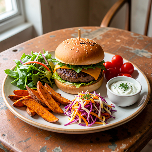 Burger gourmand accompagné de frites de patate douce rôties, d’une salade verte, d’une salade de chou colorée, de tomates cerises et d’une sauce au yaourt et aux herbes.