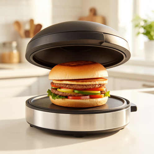Appareil de cuisson pour burgers ouvert sur un plan de travail de cuisine moderne, avec un burger composé d’un pain doré et de légumes.