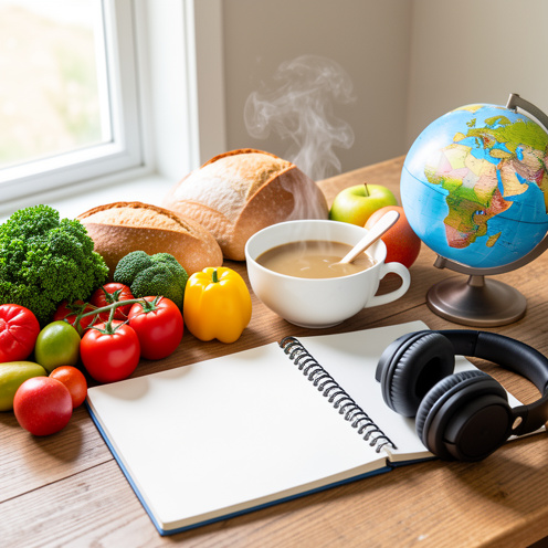 Nature morte éducative avec des aliments frais, un carnet vierge, un casque audio et un petit globe sur un bureau en bois.