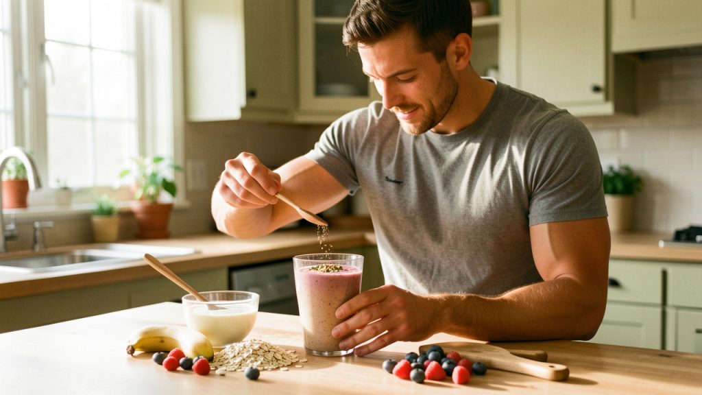 Un sportif de combat mélange une poudre végétale dans un smoothie nutritif, entouré d’ingrédients frais dans une cuisine lumineuse.