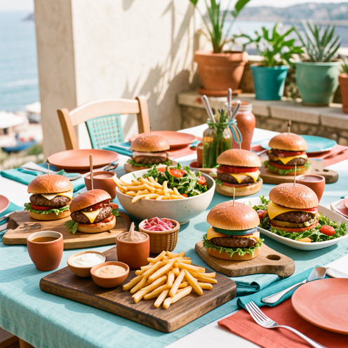 Banquet gourmand de burgers variés, frites, salade et sauces servis sur une table méditerranéenne aux accents chaleureux de Marseille.