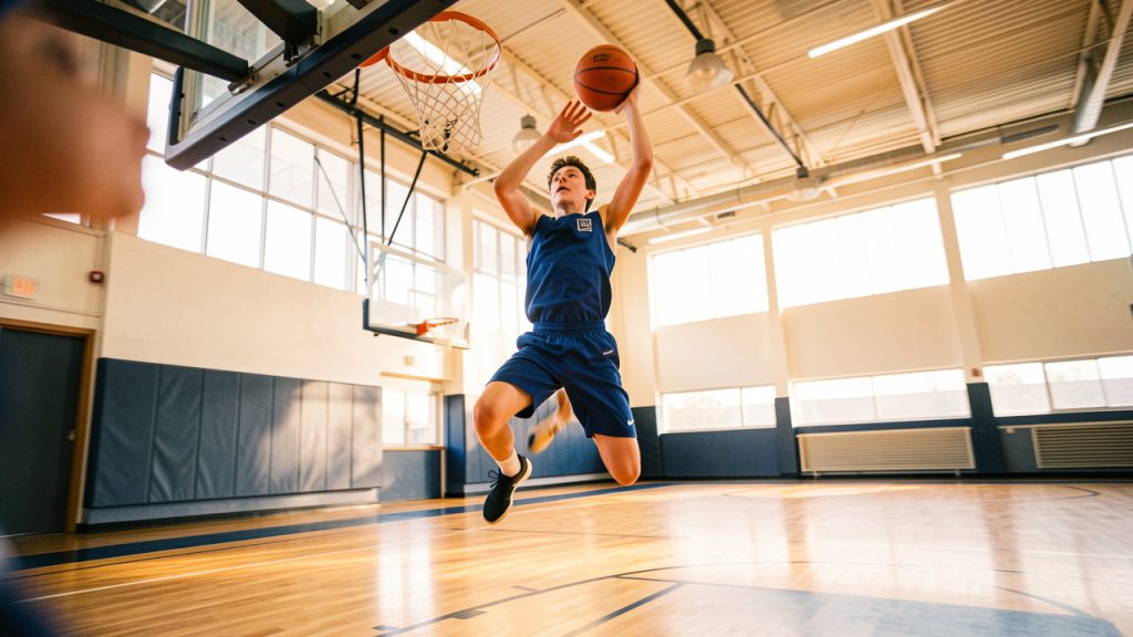 Un adolescent pratiquant le basketball saute vers le panier dans un gymnase lumineux, illustrant la croissance et le développement physique.