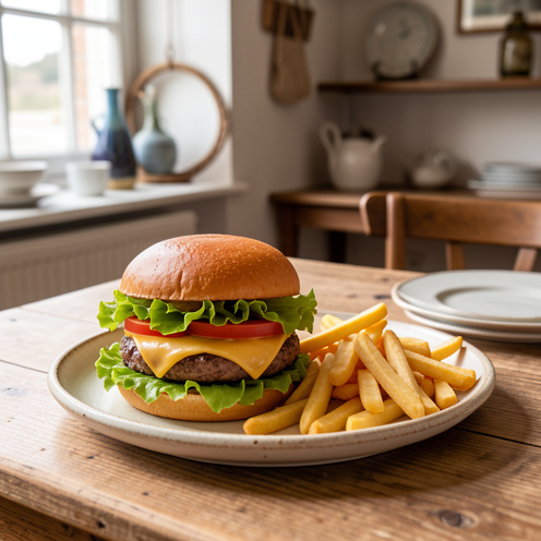 Burger gourmand accompagné de frites dorées, servi sur une table en bois dans une ambiance de bistrot côtier à La Rochelle.