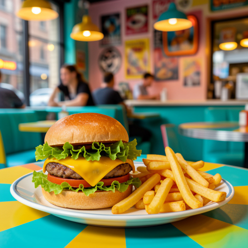 Burger gourmand accompagné de frites dorées sur une table colorée dans une ambiance de restaurant urbain et ludique à Exeter.