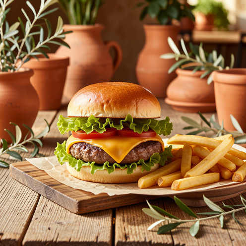 Burger gastronomique accompagné de frites dorées, servi sur une table en bois dans une ambiance chaleureuse de bistrot provençal.