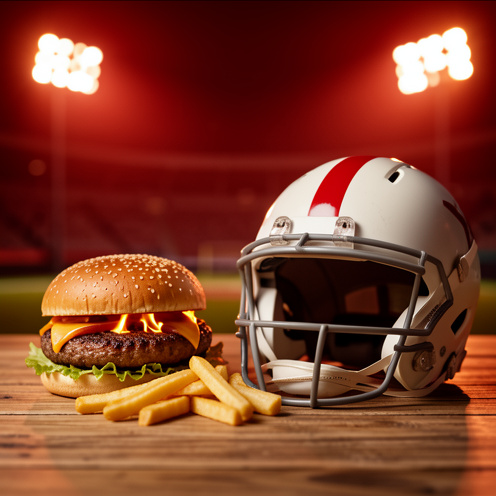 Burger grillé, frites dorées et casque de football universitaire réunis dans une ambiance de stade, évoquant un partenariat entre restauration rapide et sport universitaire.