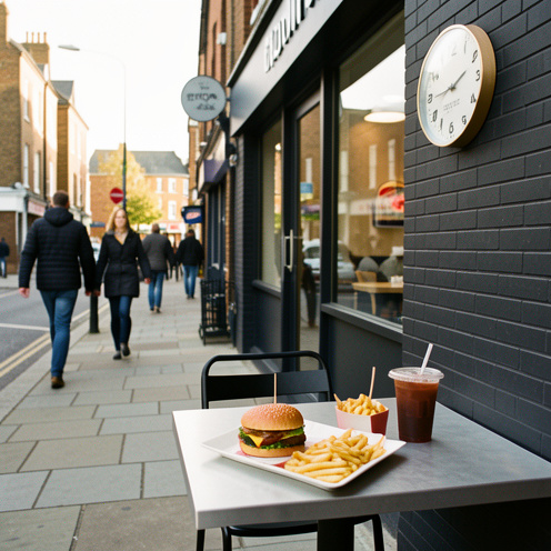 Restaurant de restauration rapide à Twickenham avec un menu burger, des frites et une boisson, dans un quartier urbain lumineux.