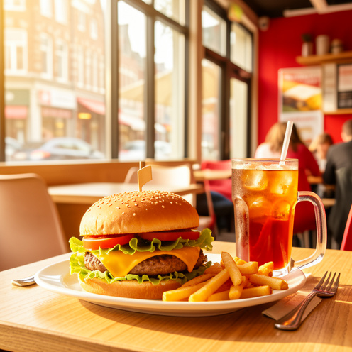 Burger gourmand accompagné de frites et d’une boisson dans un restaurant contemporain à Bruxelles.