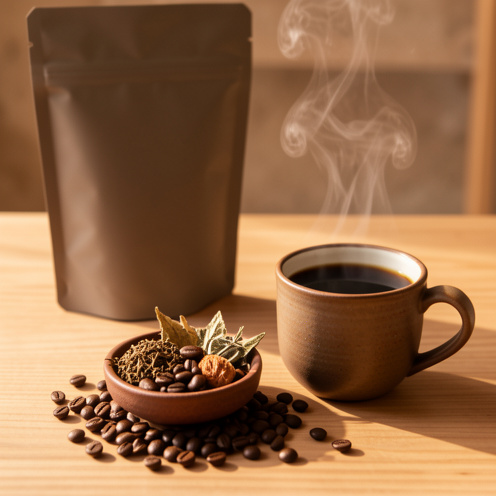 Tasse de café noir fumant entourée de grains de café torréfiés, d’ingrédients botaniques séchés et d’un sachet uni sans inscription, sur une table en bois éclairée par une lumière matinale.