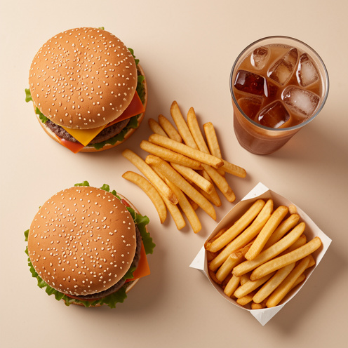 Illustration comparative de burgers, frites et boisson de restauration rapide présentés en portions variées.