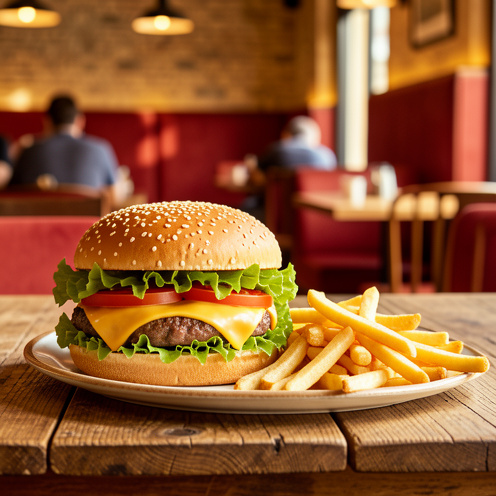Cheeseburger gourmand accompagné de frites dorées sur une table en bois dans une ambiance chaleureuse de restaurant à Toulouse.