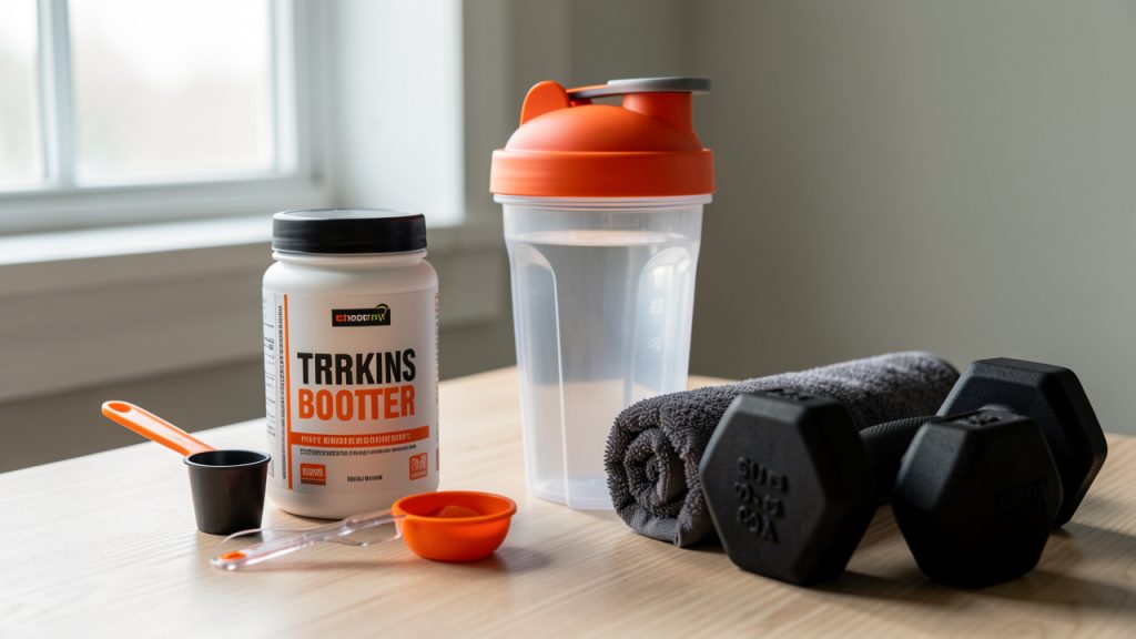 Composition réaliste d’accessoires de nutrition sportive et d’entraînement illustrant le choix mesuré d’un booster avant l’exercice.