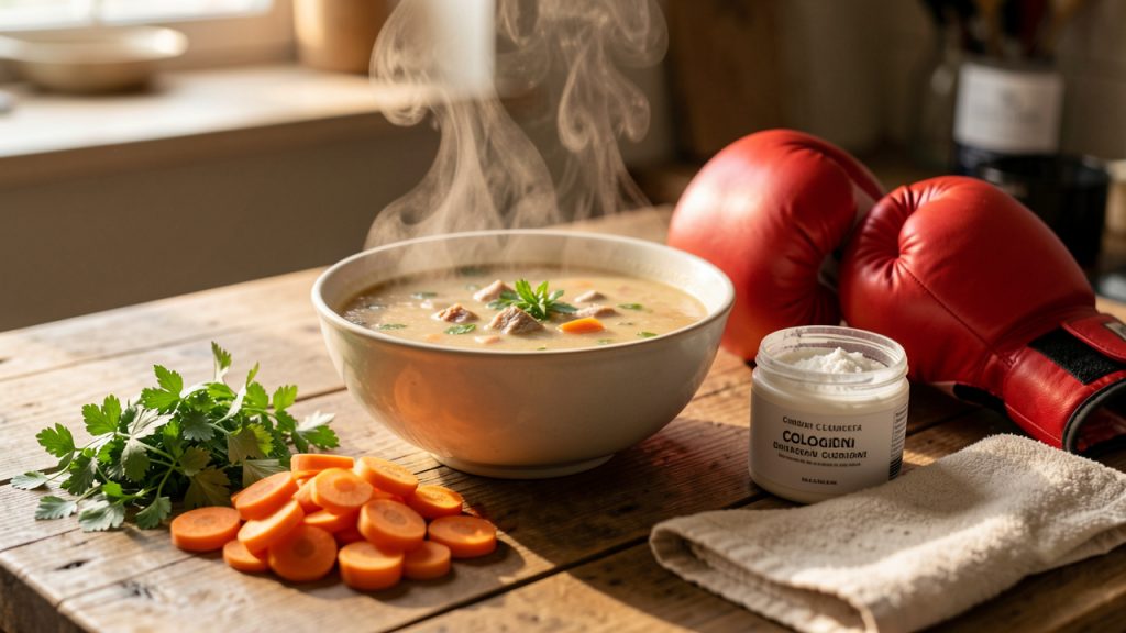 Préparation culinaire nourrissante avec soupe, légumes, herbes, collagène sans étiquette et gants de boxe évoquant la récupération après l’entraînement.