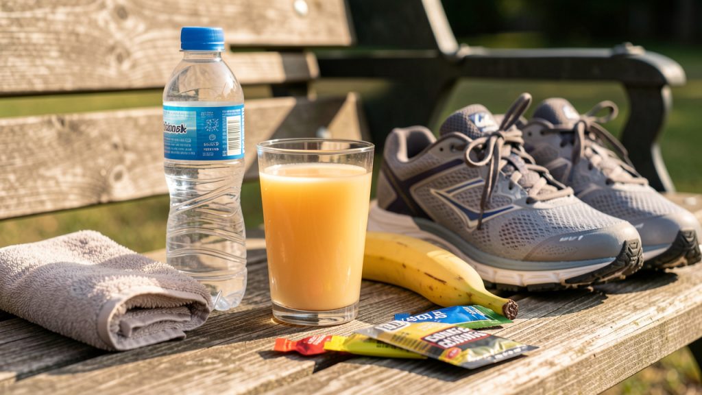 Boisson glucidique, bouteille d’eau, banane, gel énergétique neutre et chaussures de course disposés sur un banc après l’entraînement.