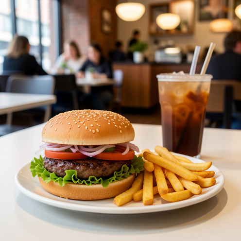 Repas de burger halal avec steak grillé, crudités, frites dorées et boisson, présenté sur une table dans un restaurant moderne.