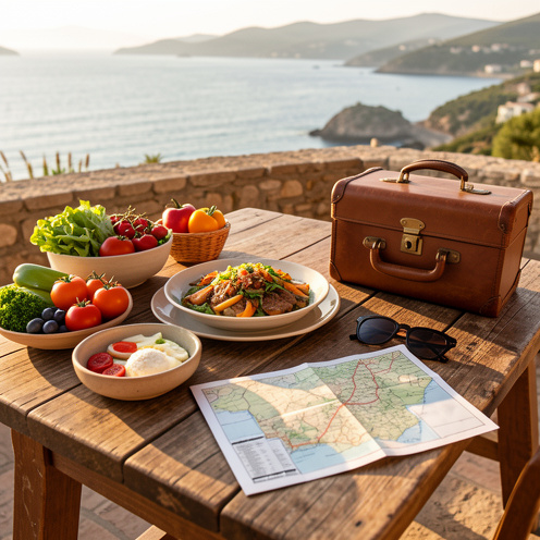 Table en bois baignée de soleil présentant un repas méditerranéen coloré, des ingrédients frais, une carte vierge, des lunettes de soleil et une petite valise, évoquant la recherche d’une escapade gourmande.