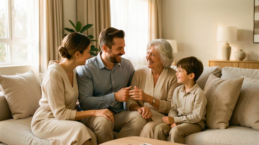 Une famille réunie dans un salon élégant, partageant un moment chaleureux et complice autour d’un homme.