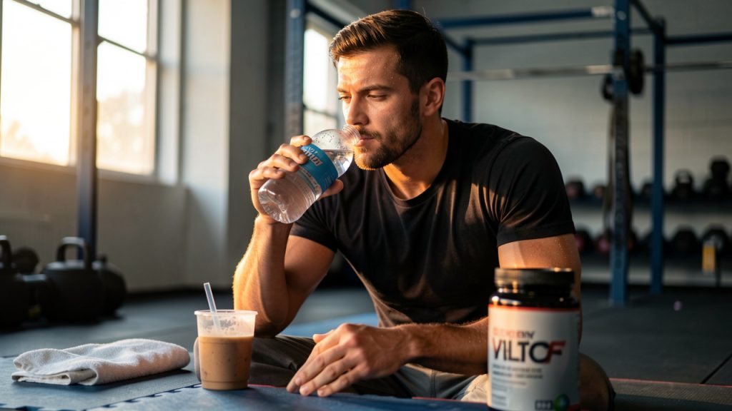 Un sportif de combat prépare une boisson de récupération après l’entraînement, dans une salle de sport éclairée par la lumière naturelle.