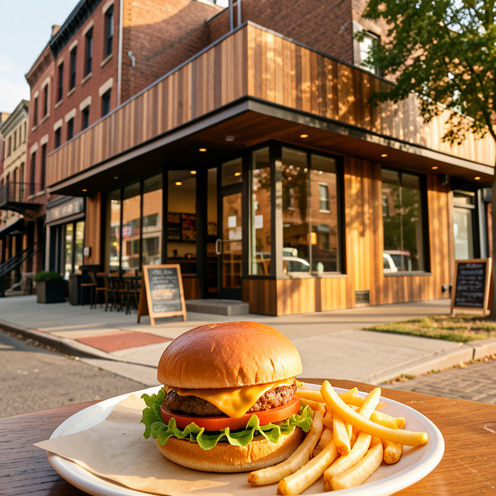 Restaurant de burgers au style moderne avec un cheeseburger garni et des frites au premier plan, dans une rue urbaine accueillante.