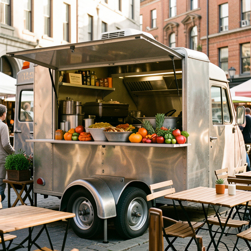 Food truck gastronomique coloré installé dans un marché urbain, avec des ingrédients frais visibles et quelques tables en extérieur.