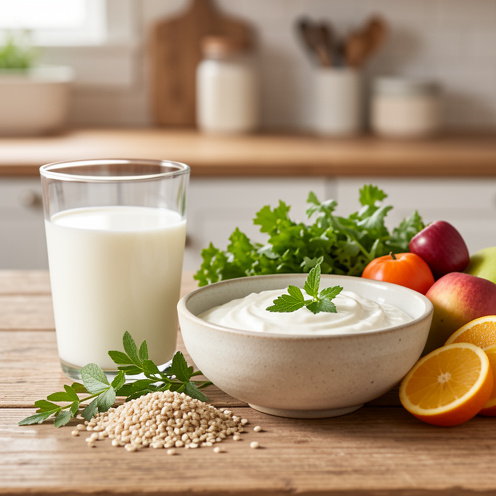 Un verre de lben crémeux entouré de yaourt nature, de céréales complètes, de légumes frais, d’herbes aromatiques et de fruits, illustrant une alimentation équilibrée.