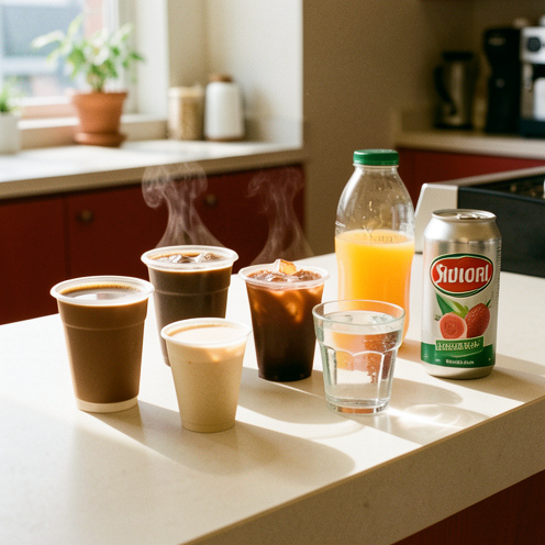 Assortiment de cafés chauds et glacés, boissons fraîches et jus présentés dans plusieurs formats sur un comptoir de café.