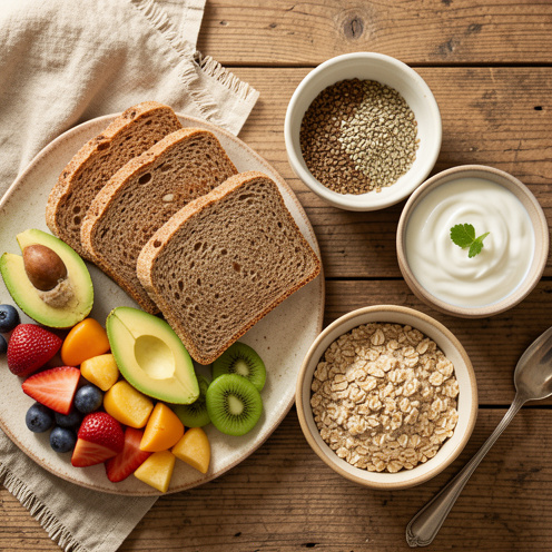 Petit-déjeuner équilibré avec pain complet, avocat, fruits frais, yaourt, graines et flocons d’avoine disposés sur une table en bois.