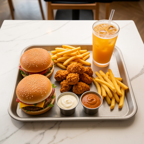 Assortiment de burgers, poulet croustillant, frites et boisson présenté sur un plateau dans une ambiance de restauration rapide au Pakistan.