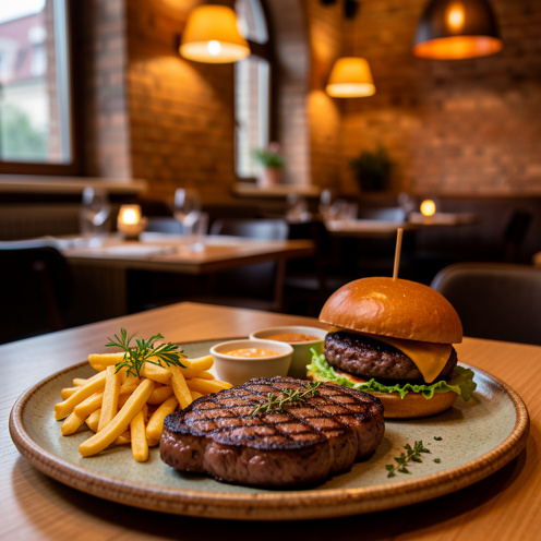 Steak grillé et burger artisanal servis avec des frites dorées dans un intérieur chaleureux de restaurant à Cracovie.