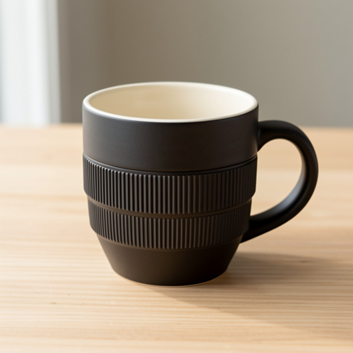Mug en céramique en forme d’objectif photo, avec extérieur noir mat et détails inspirés d’une bague de mise au point, présenté sur une table en bois.