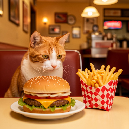 Un chat roux et blanc observe avec curiosité un cheeseburger accompagné d’un panier de frites dorées dans un décor de diner vintage chaleureux.