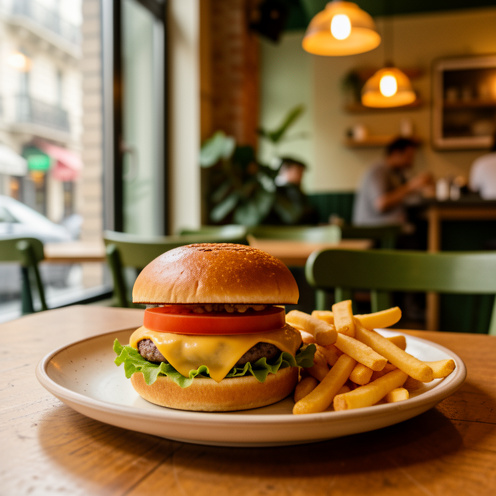 Burger artisanal accompagné de frites dorées, présenté dans un restaurant chaleureux à Lyon.