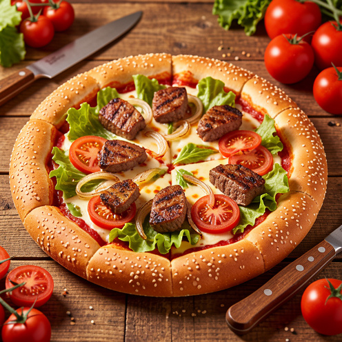 Pizza gourmande dont la croûte est composée de pains à burger dorés, garnie de fromage fondu, de sauce tomate, de salade, de tomates, d’oignons caramélisés et de morceaux de bœuf grillé.