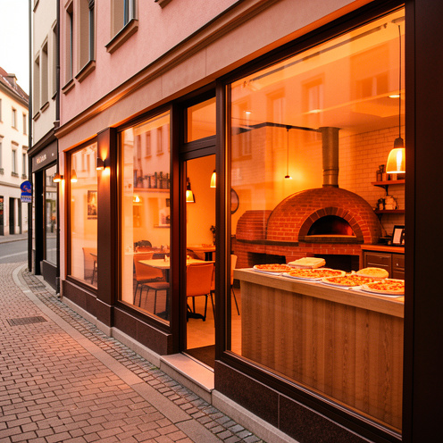 Restaurant de pizzas moderne et accueillant à Strassen, avec des pizzas fraîches visibles à l’intérieur et une lumière chaleureuse.