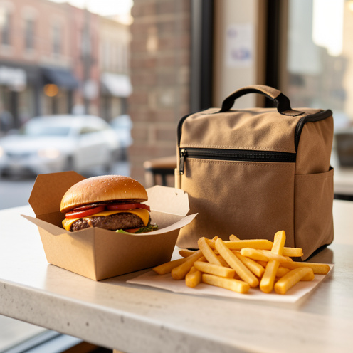 Burger gourmand fraîchement préparé dans une boîte à emporter, accompagné de frites et d’un sac isotherme de livraison sur un comptoir de café.