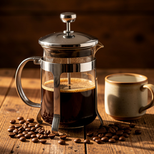 Presse à café en verre et acier remplie de café, posée sur une table en bois avec des grains de café et une tasse en céramique.