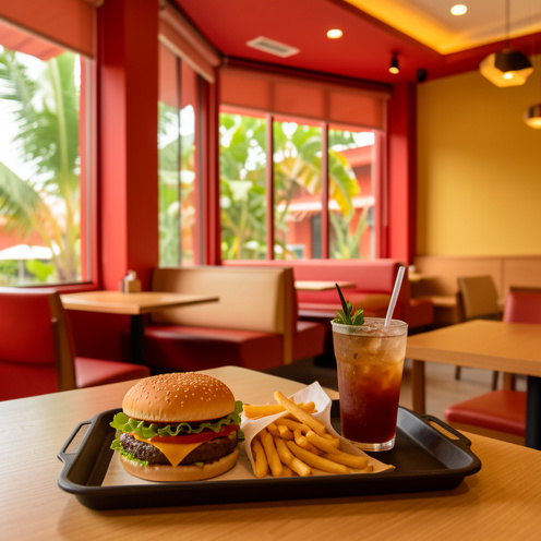 Repas de restauration rapide composé d’un burger, de frites et d’une boisson, présenté dans un restaurant moderne en Malaisie.
