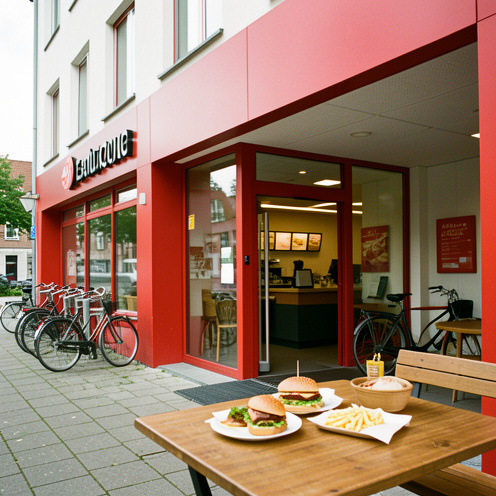 Restaurant de restauration rapide à Louvain, avec une façade rouge et blanche, une entrée accessible et un repas composé d’un burger et de frites sur une table intérieure.