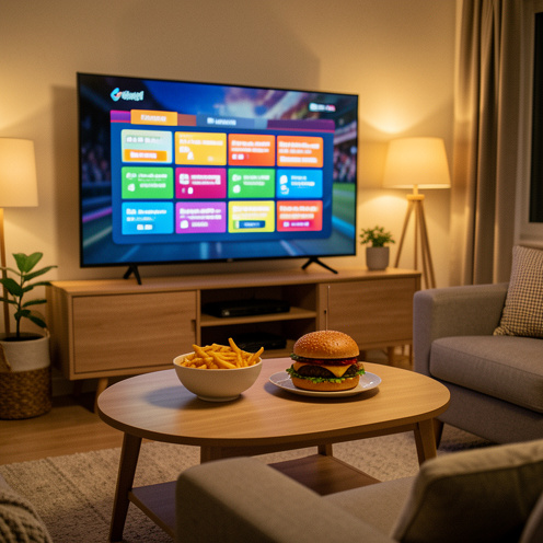 Salon chaleureux avec une télévision affichant une interface de quiz colorée sans contenu lisible, accompagné d’un burger et de frites sur une table basse.