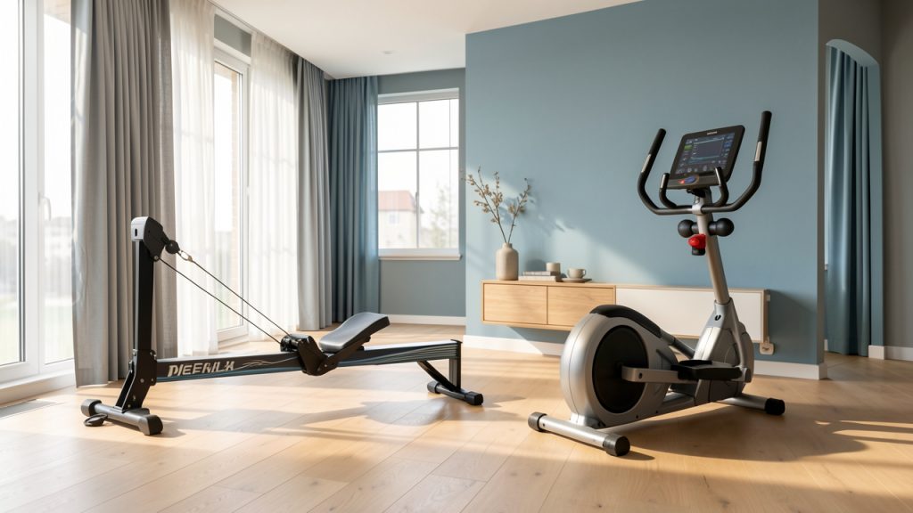 Rameur et vélo elliptique installés dans une salle de fitness lumineuse pour un entraînement cardiovasculaire doux pour les genoux.