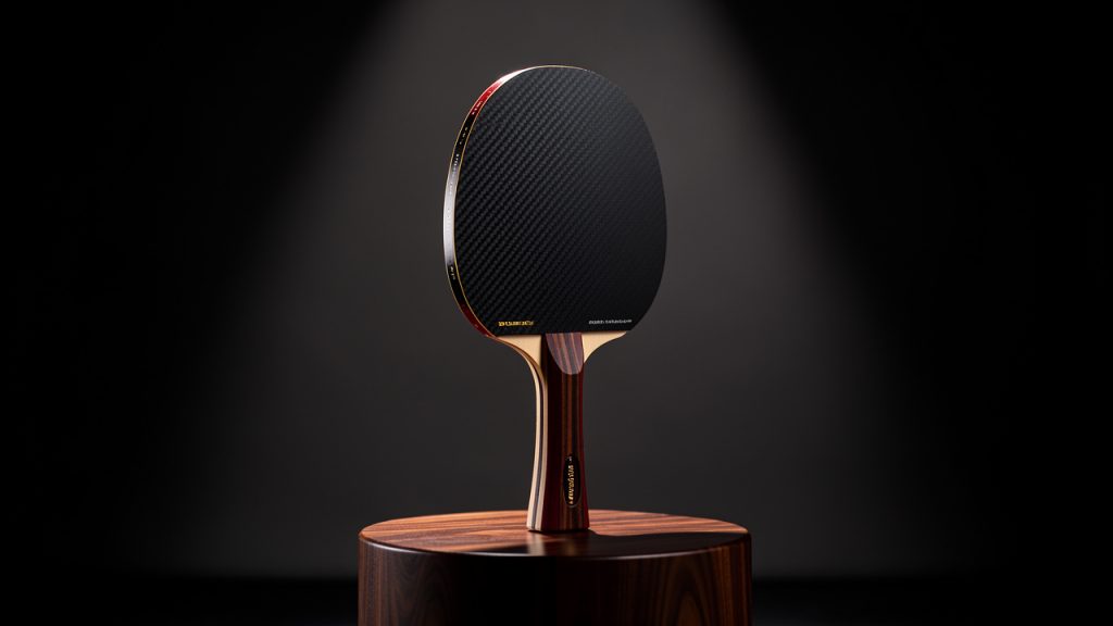 Raquette de ping-pong haut de gamme présentée comme un objet de collection sur un socle en bois sombre, avec des détails noirs, rouges et dorés.