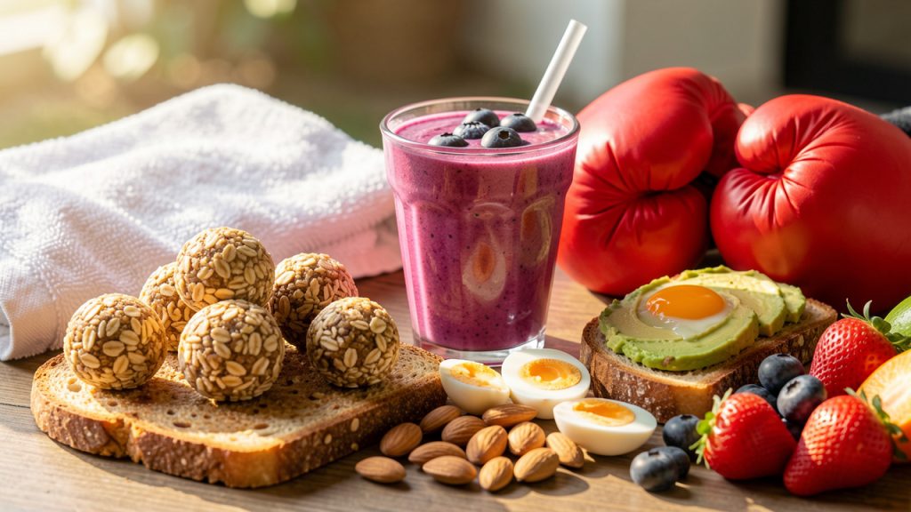 Assortiment coloré de recettes saines pour l’énergie avant un entraînement de combat, avec bouchées aux flocons d’avoine, smoothie aux fruits rouges, tartine d’avocat, œufs, noix et fruits frais près de gants de boxe rouges.