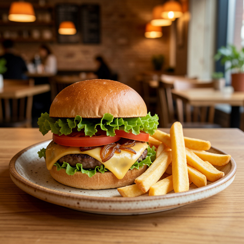 Burger artisanal gourmand servi avec des frites dorées dans un décor chaleureux de bistrot.