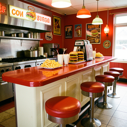 Intérieur chaleureux d’un restaurant de burgers au style rétro, avec comptoir, tabourets rouges, hamburgers, frites dorées et milkshakes.