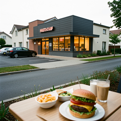Restaurant de hamburgers moderne dans une zone commerciale de Cormontreuil, avec parking, accès routier et repas présenté au premier plan.