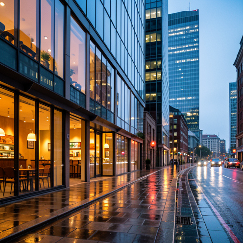 Façade d’un restaurant de burgers moderne près de Canary Wharf à Londres, éclairée en soirée avec les gratte-ciel environnants visibles en arrière-plan.