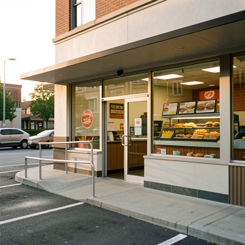Restaurant de hamburgers moderne à Walsall, avec entrée accessible, parking et repas à emporter visibles à l’intérieur.
