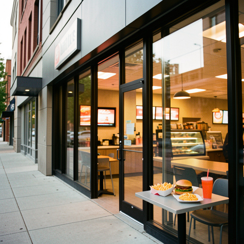 Extérieur d’un restaurant de restauration rapide à Bellevue, avec un repas composé d’un burger, de frites et d’une boisson visible près de l’entrée éclairée.