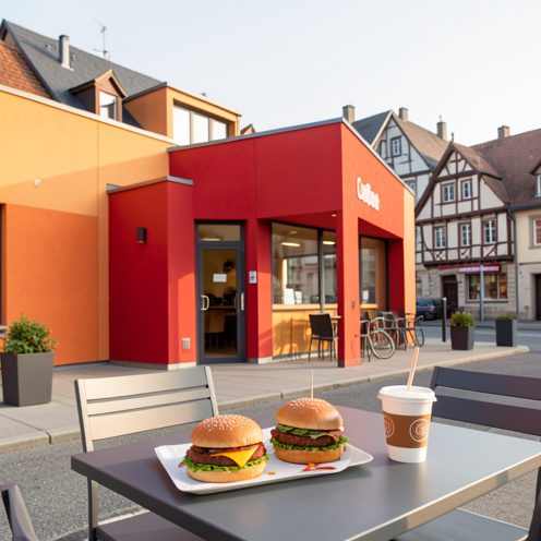 Restaurant de restauration rapide à Colmar avec terrasse extérieure et repas composé d’un burger, de frites et d’une boisson, dans une ambiance urbaine alsacienne.
