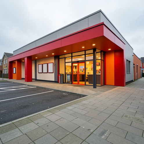 Extérieur d’un restaurant de restauration rapide à Feltham, avec entrée éclairée, parking, accès piéton et panneaux de menu sans inscription visible.